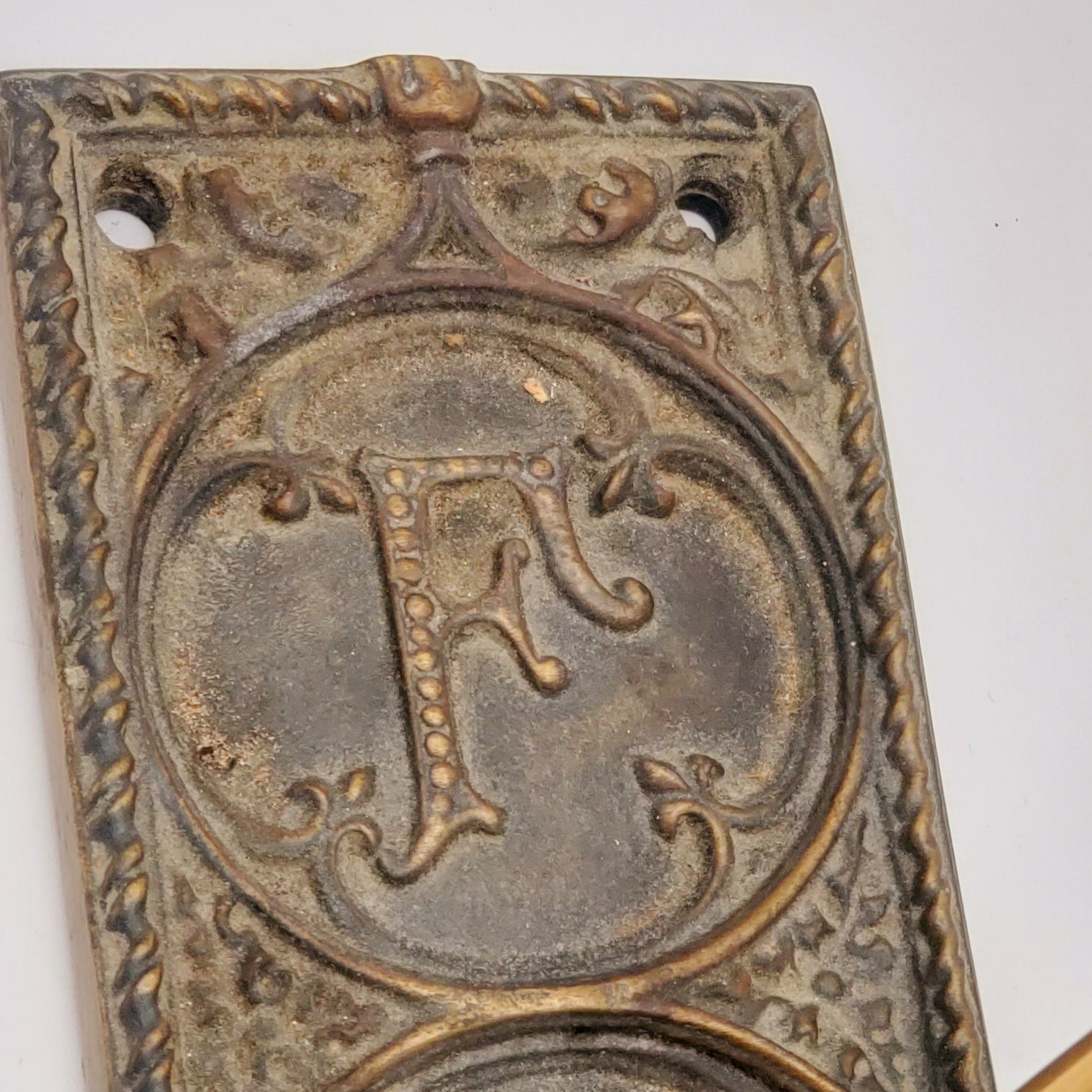 RARE 19th Century Interior Fisher Building Office Door Ornamental Cast Iron Monogrammed Figural Doorknob With Inkwell and Pen