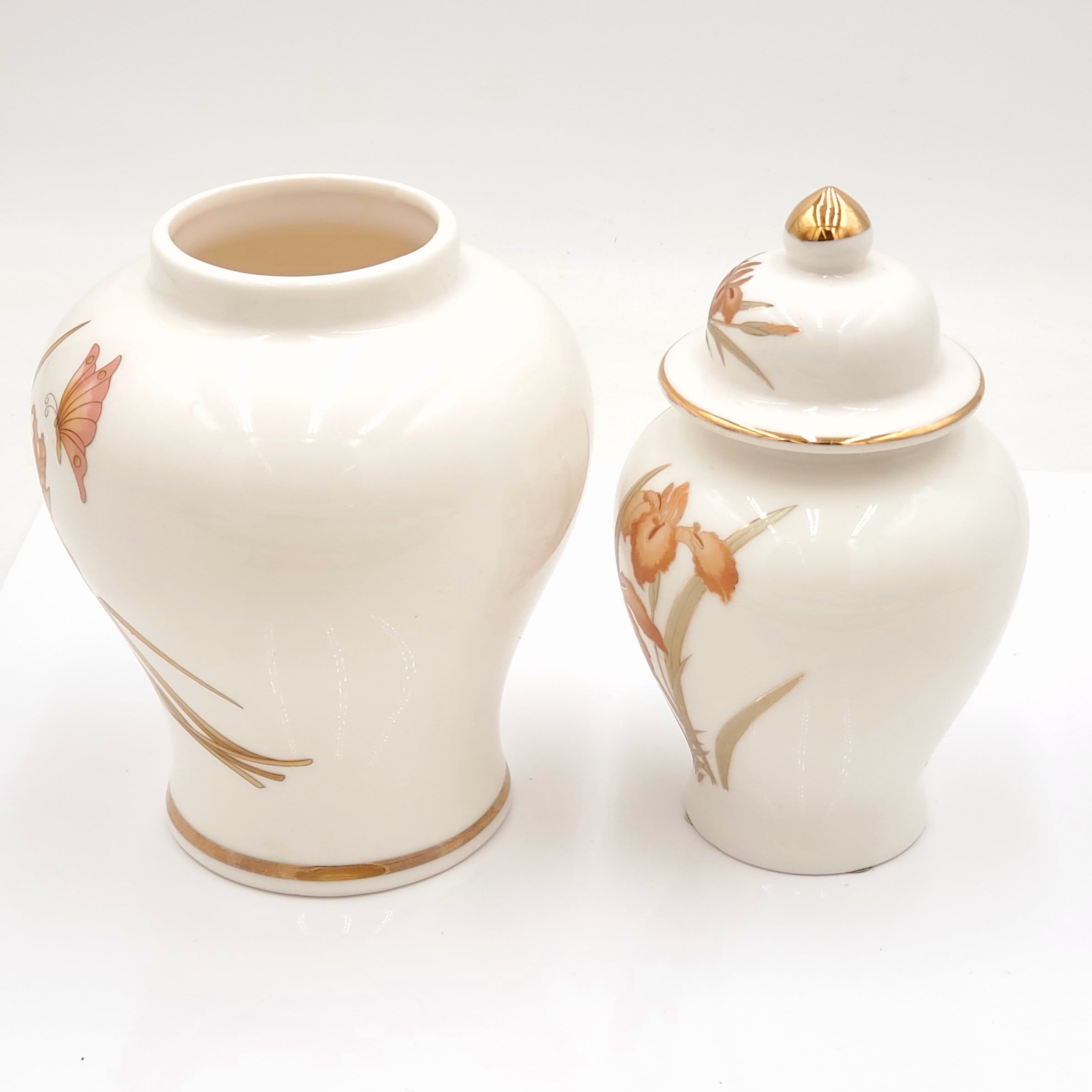Mosaic Japanese Ginger Jar and Vase Set- Orange Floral and Butterfly Design with Gold Trim
