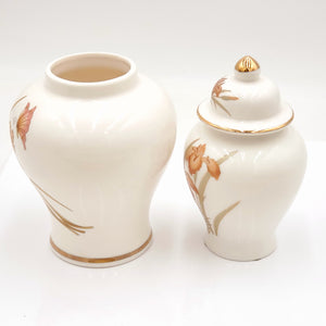 Mosaic Japanese Ginger Jar and Vase Set- Orange Floral and Butterfly Design with Gold Trim