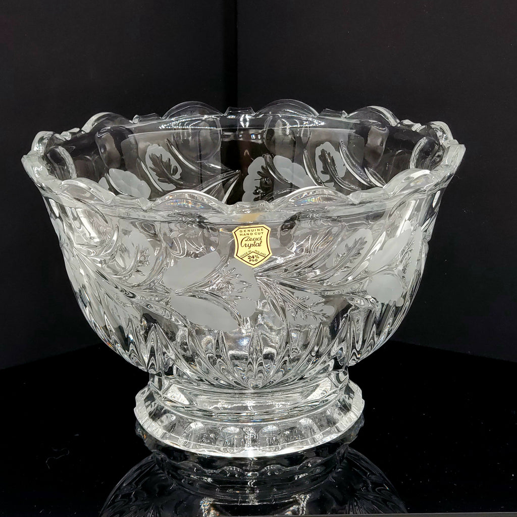 Genuine Hand Cut Lead Crystal Bowl with Etched Flowers- Made in Poland