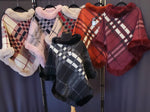 Round Neck Plaid Poncho with Faux Fur Trim-Various Colors