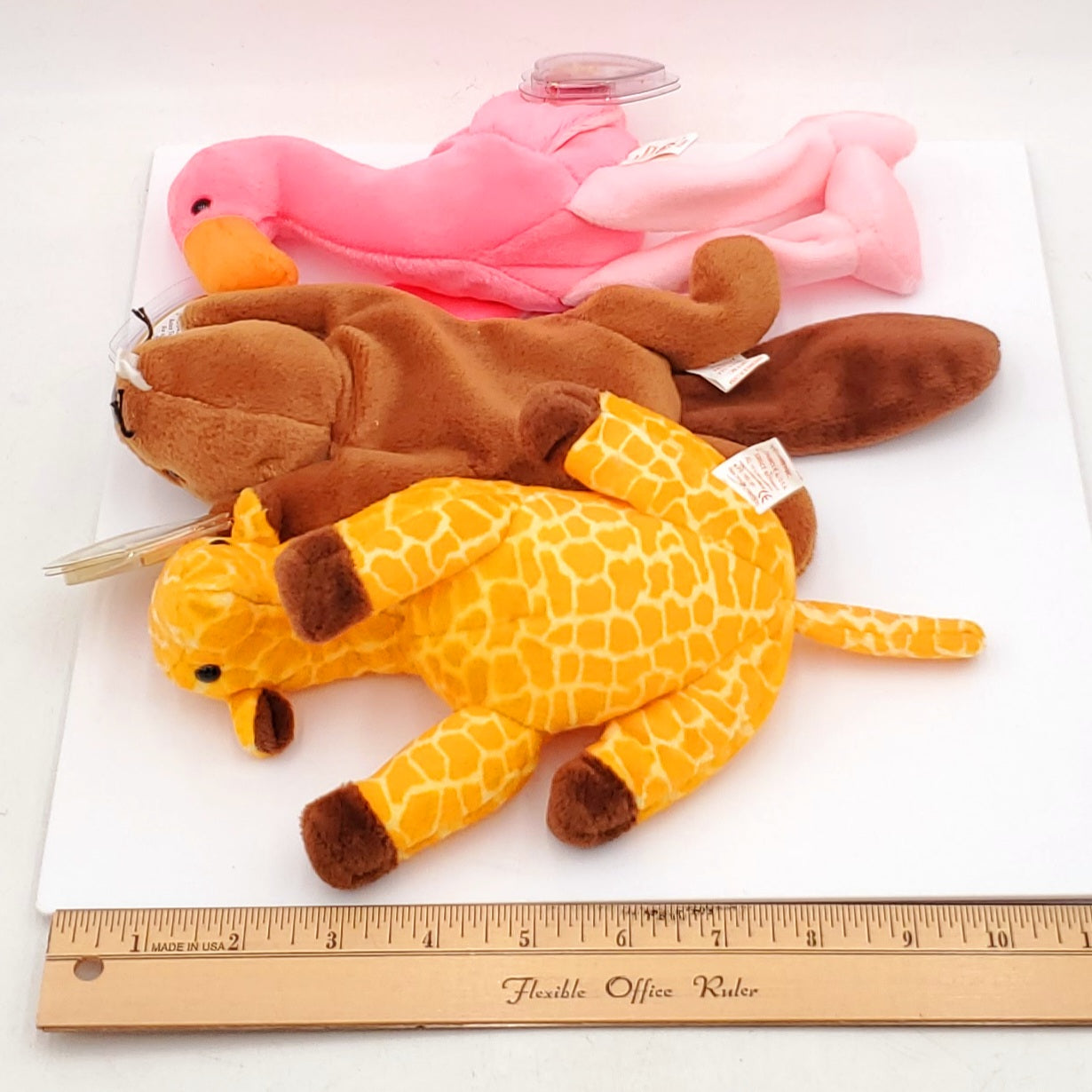 1995 Beanie Babies 3 Pack-Bucky the Beaver, Twigs the Giraffe and Pinky the Flamingo