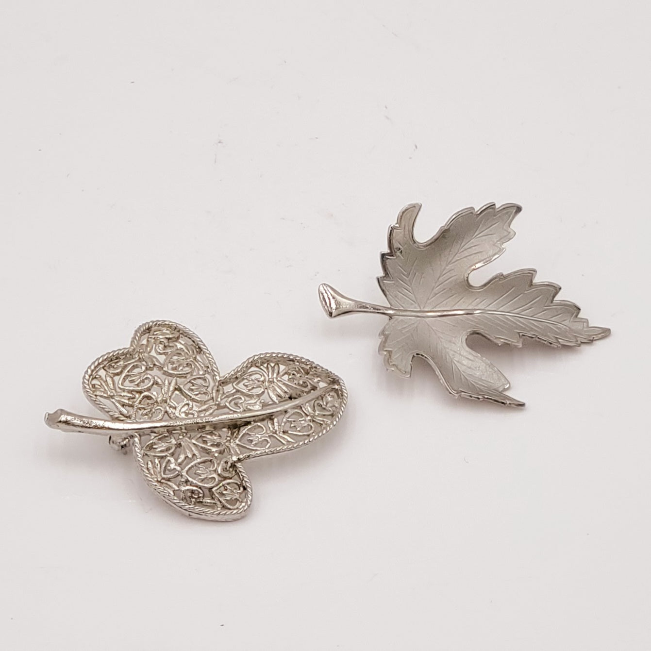 2 Piece Silver Leaf Brooch Set