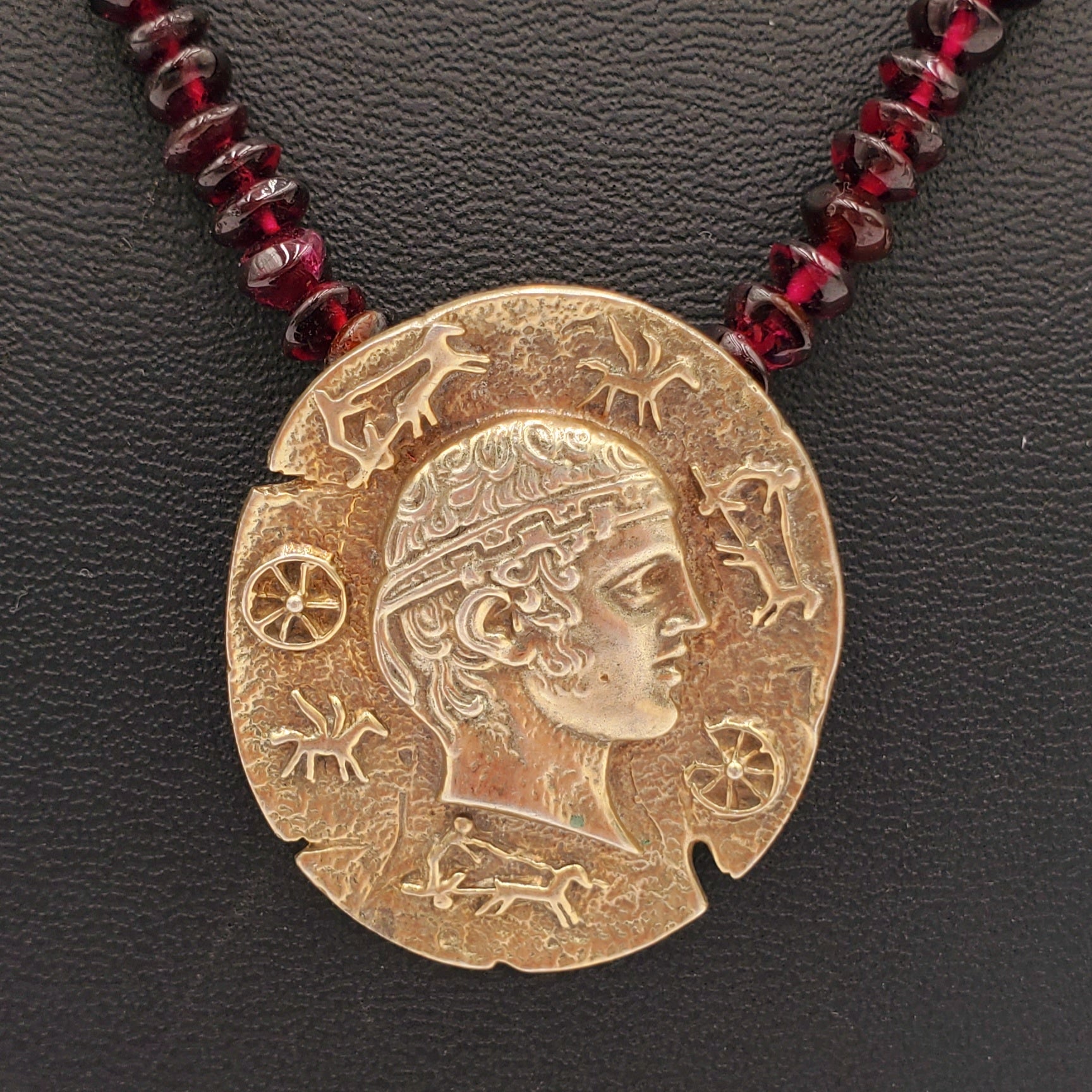 Beaded Garnet Ancient Roman Emperor's Julius Caesar Pendant Necklace