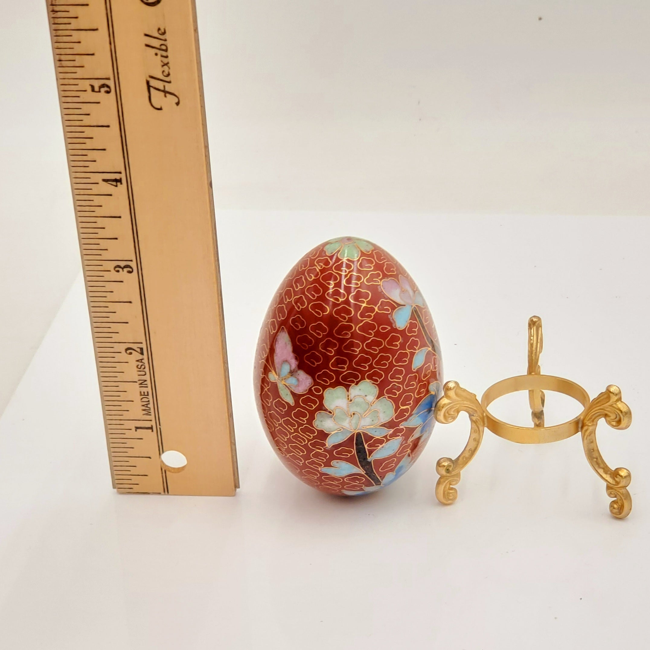 Ornate Cloisonne Enamel Egg with Gold Colored Metal Stand