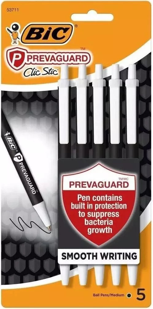 PrevaGuard Clic Stic Antimicrobial Ball Pen Medium Point (1.0mm) Black 5 Pack