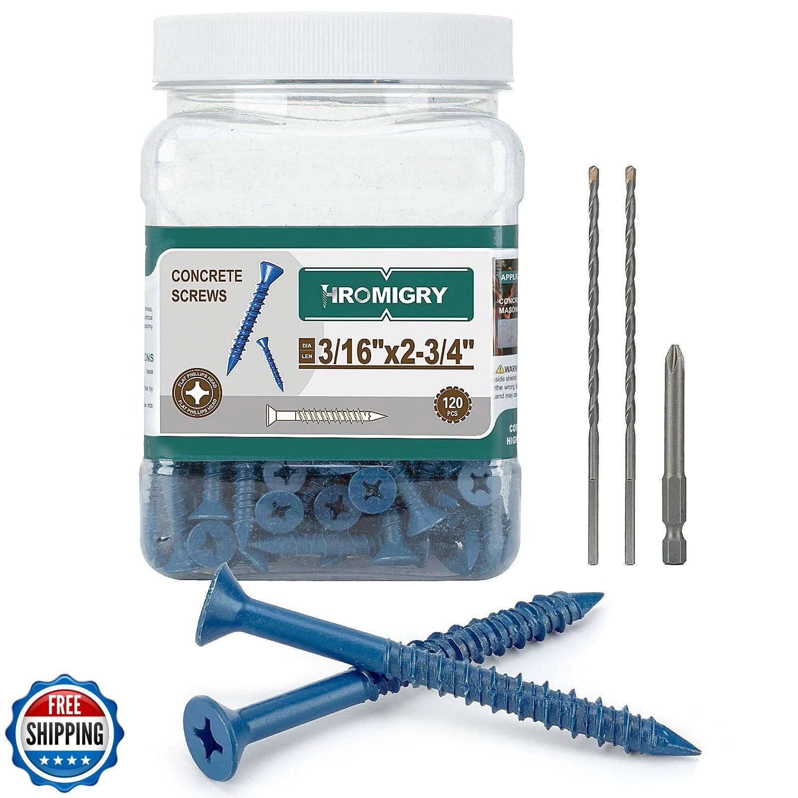 3/16" x 2-3/4" Concrete Screws (120 PCS) Flat Head