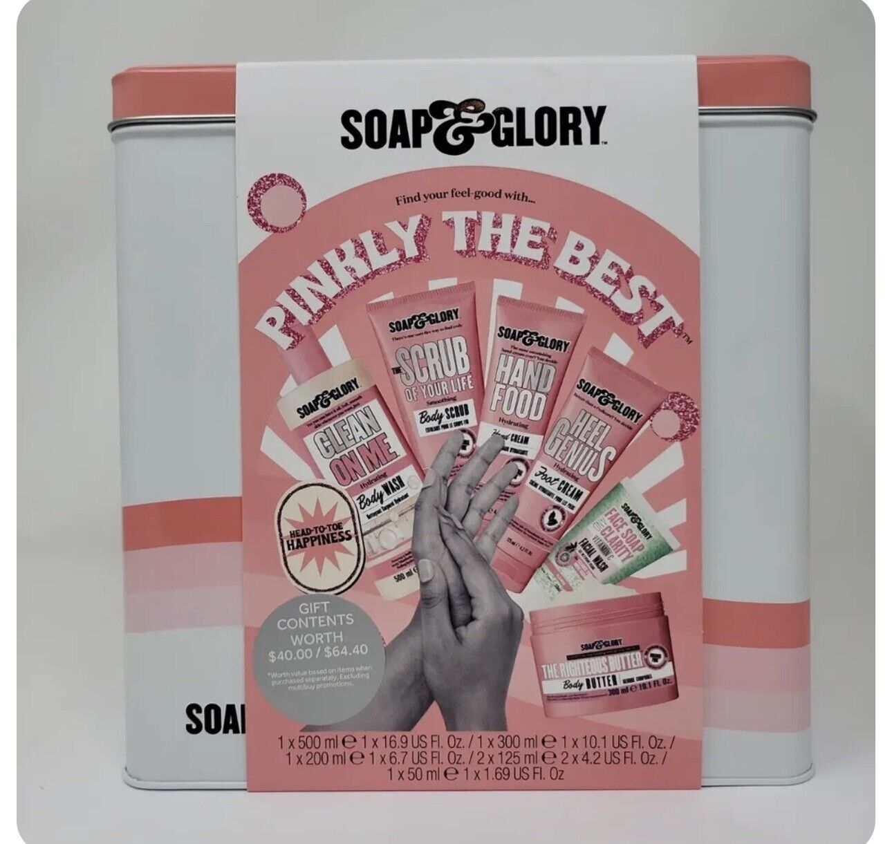 Soap & Glory Pinkly The Best Gift Set Six Full Size Beauty Items Aluminum Tin