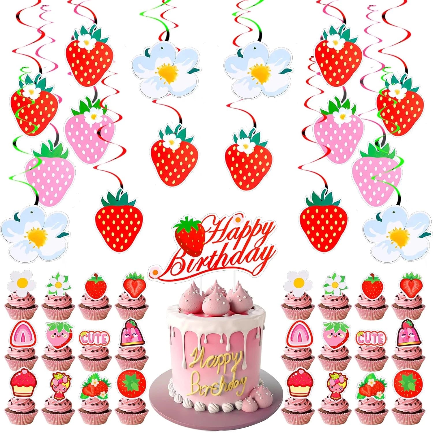 65Pcs Strawberry Birthday Decoration, Sweet Hanging Swirl Berry Banner & Cake Decor