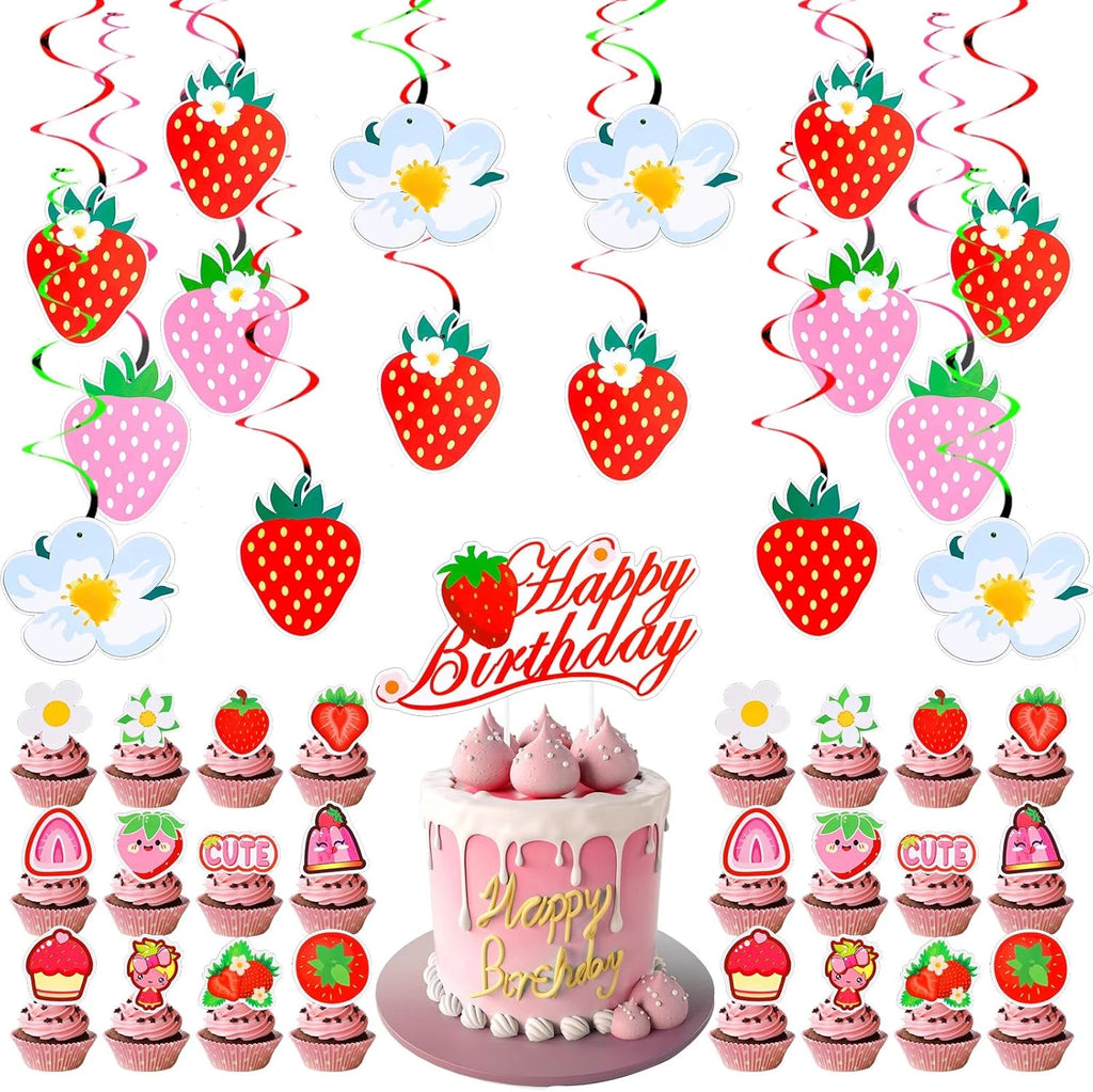 65Pcs Strawberry Birthday Decoration, Sweet Hanging Swirl Berry Banner & Cake Decor