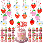 65Pcs Strawberry Birthday Decoration, Sweet Hanging Swirl Berry Banner & Cake Decor