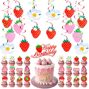 65Pcs Strawberry Birthday Decoration, Sweet Hanging Swirl Berry Banner & Cake Decor