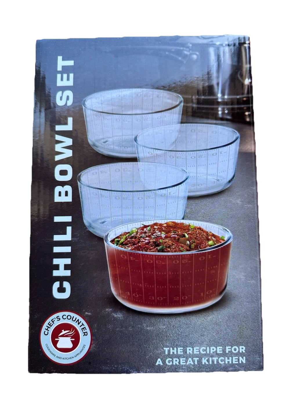 Chef's Counter Glass Chili Bowl Set of 4 Clear Football Field Design 4 cup cap