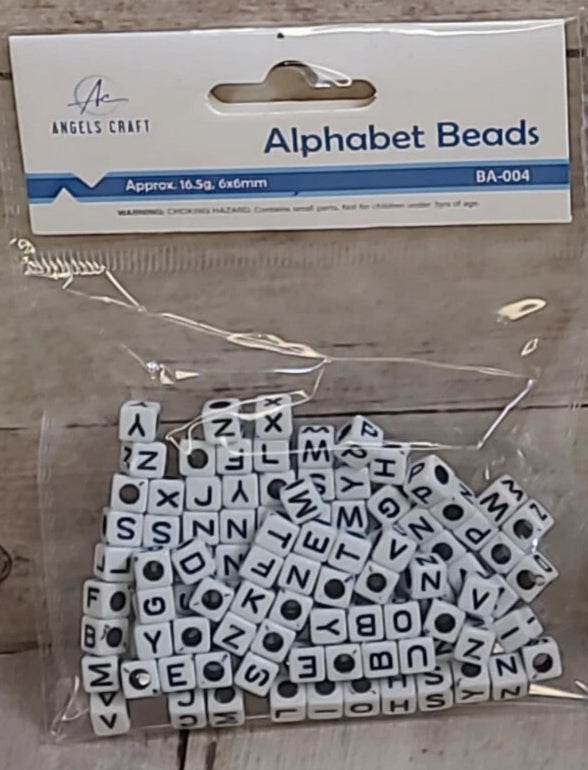 120ct Alphabet Beads, Squared, White/Black Size 0.24", 16.5g, 6x6mm