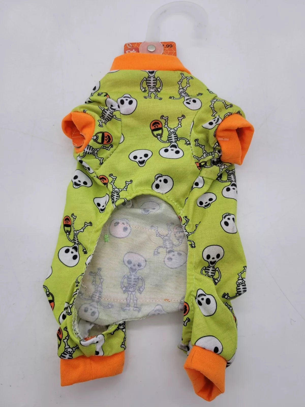 PET CENTRAL Skeleton KA-BOO Dog Pajamas Size XS Green/Orange Trim Halloween