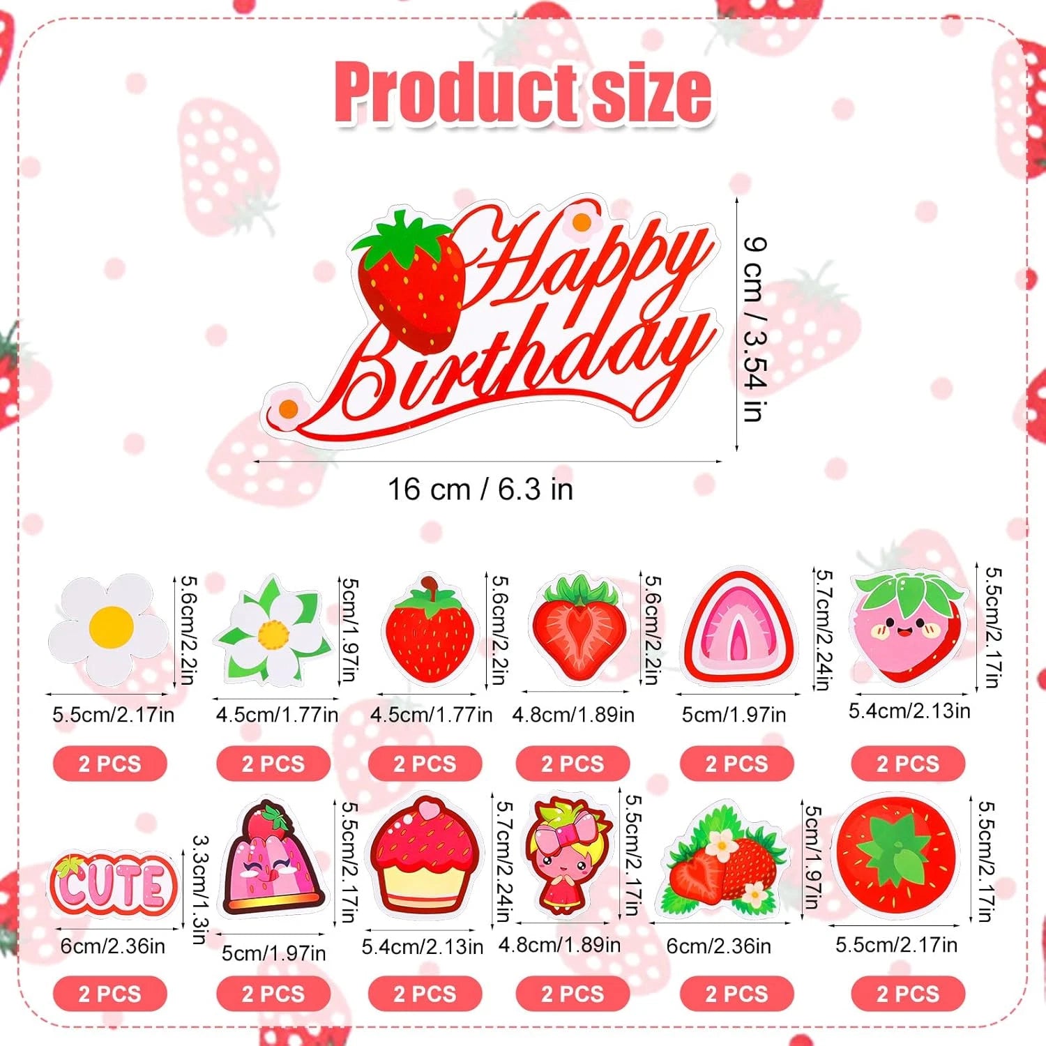 65Pcs Strawberry Birthday Decoration, Sweet Hanging Swirl Berry Banner & Cake Decor