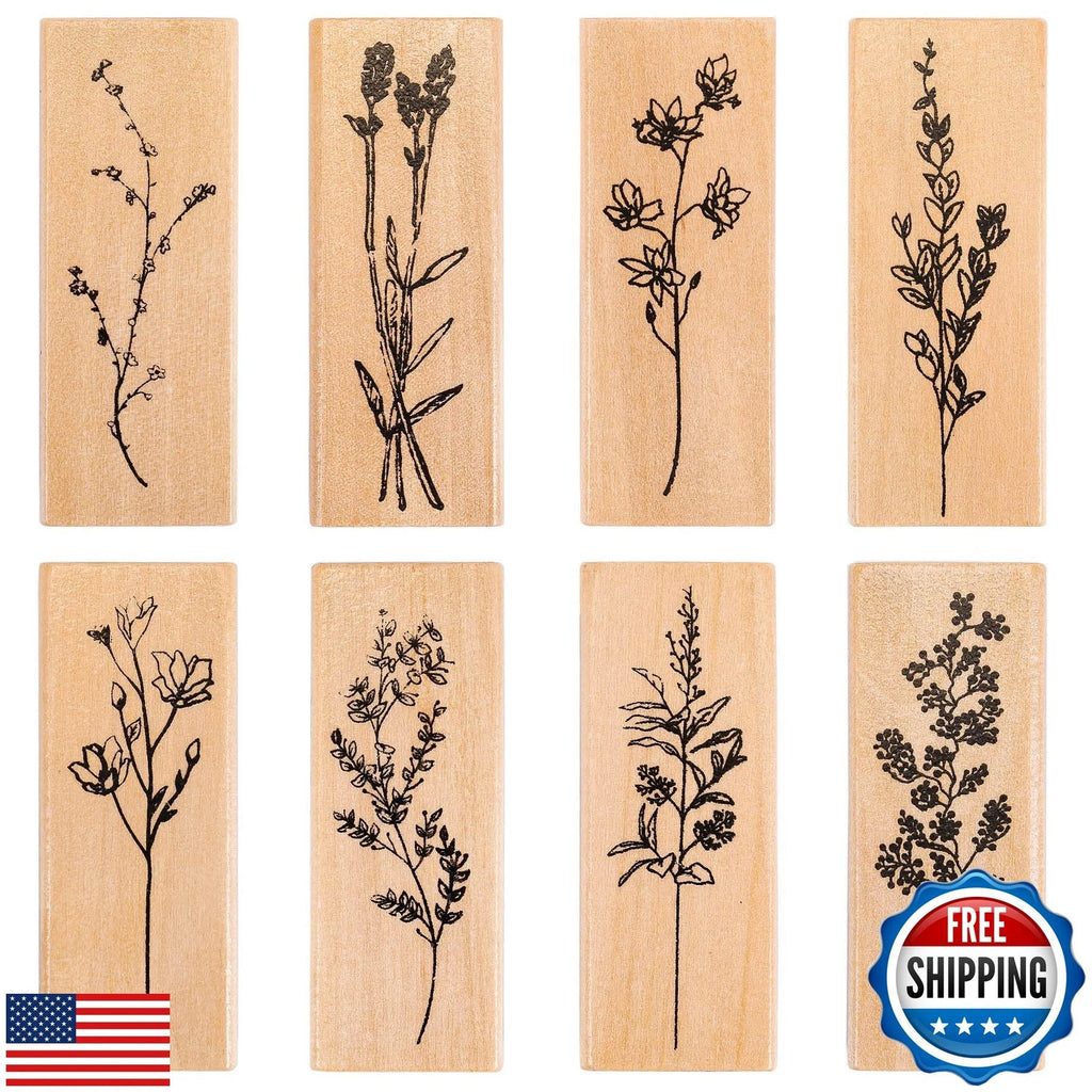 Rubber Stamps for Crafting, 8 Pcs Mounted Wood Stamps Vintage Plant Flowers