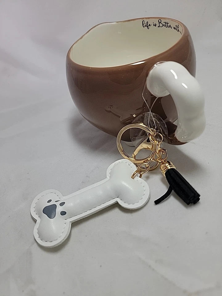 Coffee Tea Cup Mug Dog Face Paws W/keychain Ceramic Brown 12.5 FL OZ