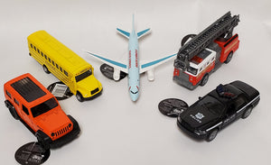 Die Cast Pull Back Vehicles with Lights and Sound - Police, Fire, Airplane, Bus, SUV