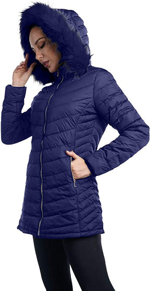 Puffer Jacket for Women Full Zip Lightweight Water Resistant Coats Navy - XL
