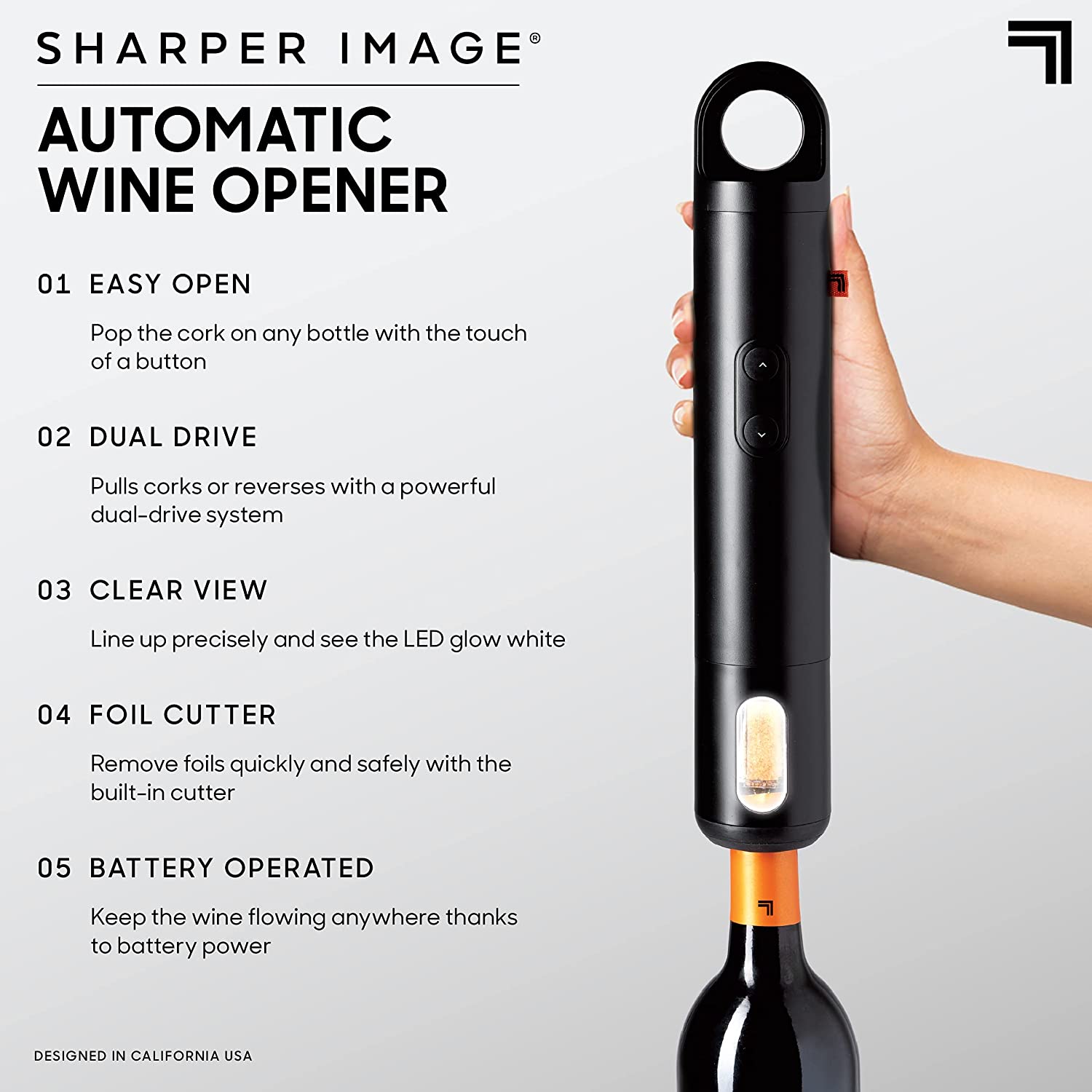 SHARPER IMAGE Automatic Wine Bottle Opener Included Foil Cutter, Battery Operated