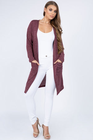Women's Long Sleeve Knit Wrap Cardigan with Pockets Red/Burgundy