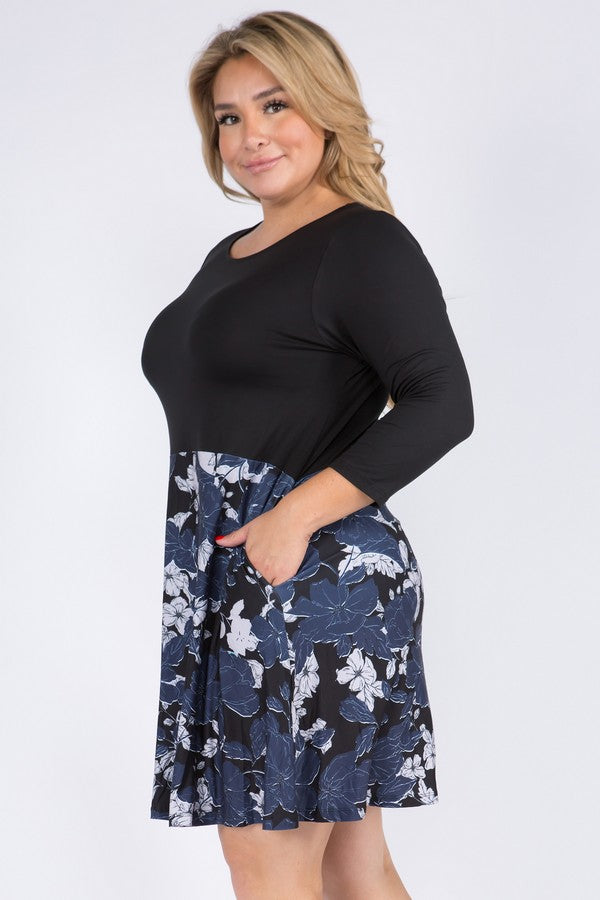 Women's Floral Colorblock A-Line Dress with pockets