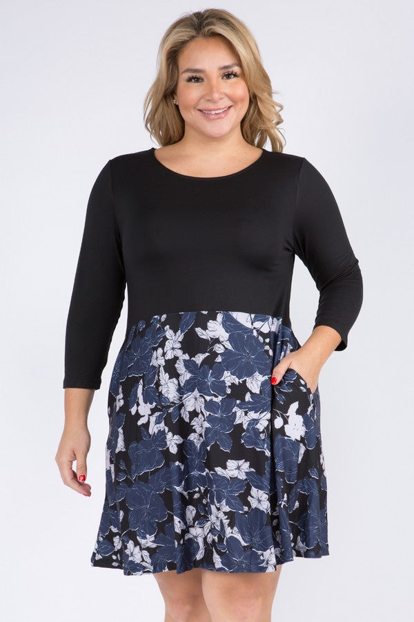 Women's Floral Colorblock A-Line Dress with pockets