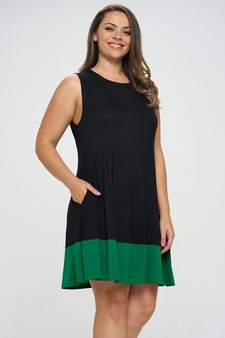 Women’s Sleeveless Dress with Green Color block Trim