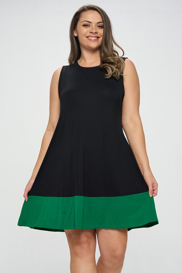 Women’s Sleeveless Dress with Green Color block Trim