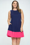 Women’s Sleeveless Dress with Green Color block Trim Pink & Blue