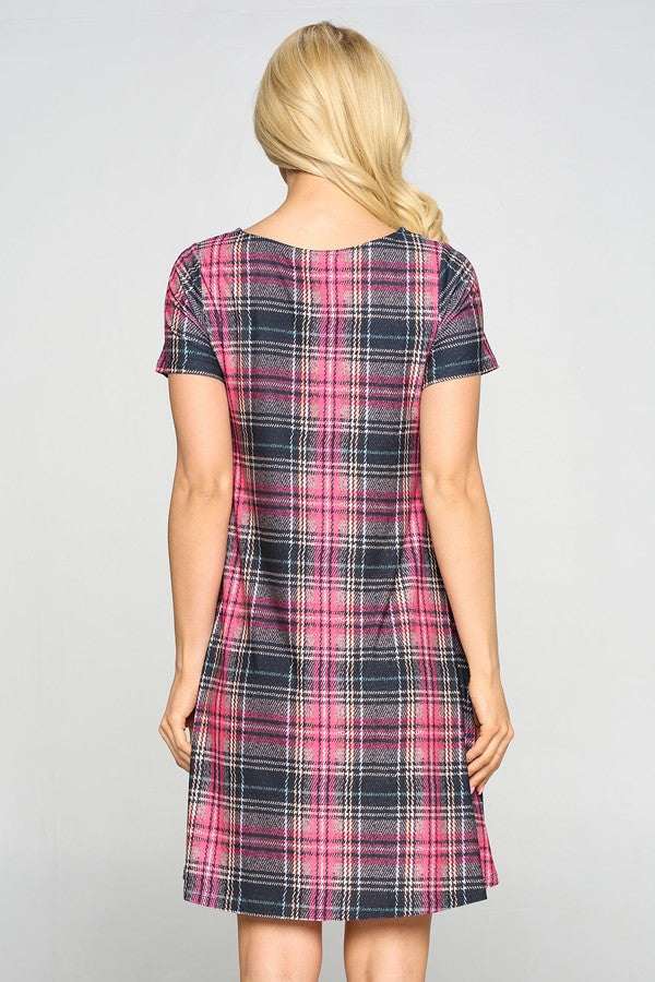 Women's Plaid Short Sleeve A-Line Dress Pink