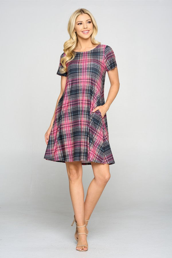 Women's Plaid Short Sleeve A-Line Dress Pink