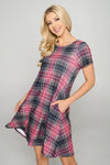 Women's Plaid Short Sleeve A-Line Dress Pink