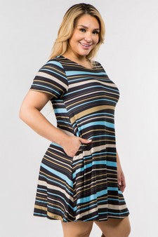 Striped Short Sleeve Swing Dress Black & Blue with pockets
