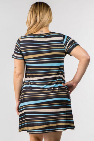 Striped Short Sleeve Swing Dress Black & Blue with pockets