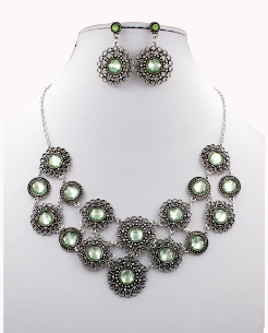 Victoria Necklace and Earring Set Green with Cascading Metallic Lace