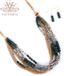 Victoria Necklace and Earring Set Multi Strand Green / Silver Beads and Gold Chain - 18" Long