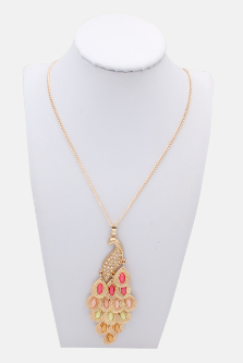 Elizabeth Gold And Pink Peacock Pendant Necklace - 28" Long