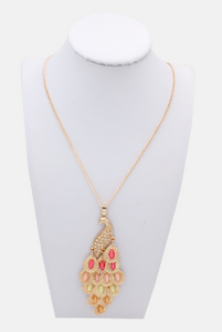 Elizabeth Gold And Pink Peacock Pendant Necklace - 28" Long