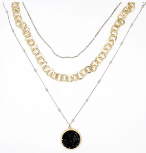 Elizabeth 3 Strand Tiered Black Pendant Necklace - 28" Longest Pendant