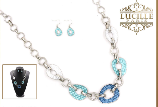 Lucille Paris Long Silver and Blue Necklace and Earring Set - 28" Long