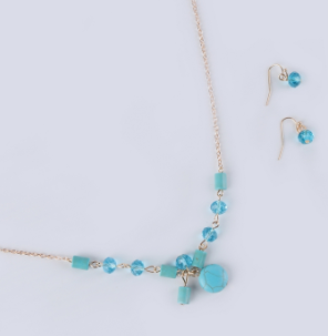 L Fashion Gold and Blue Turquoise Toned Necklace and Earring Set - 21" Long