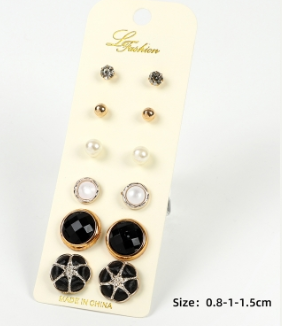 L Fashion Set of 6 Stud Earrings includes: Black Gold Pearl CZ