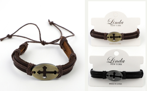 Linda New York Leather Oval Cross Adjustable Bracelet