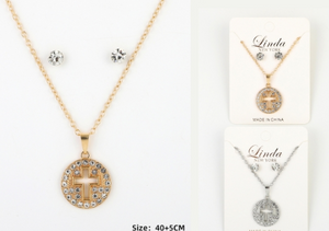 Linda New York Cross in Circle Necklace Pendant with Earrings Set - 18" Long