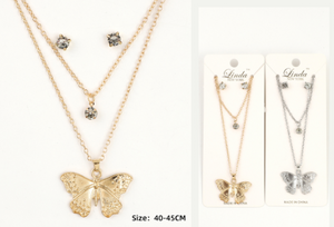 Linda New York Butterfly Necklace Pendant with Earrings Set - 18" Long