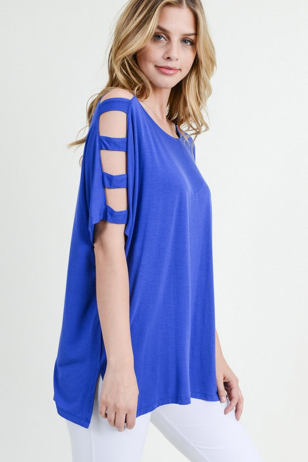 Women's Blue Short Dolman Sleeve Top with Lattice Detail