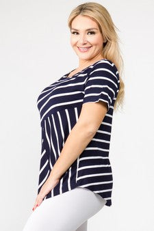 Women's Short Sleeve Striped Tunic Top Navy Blue