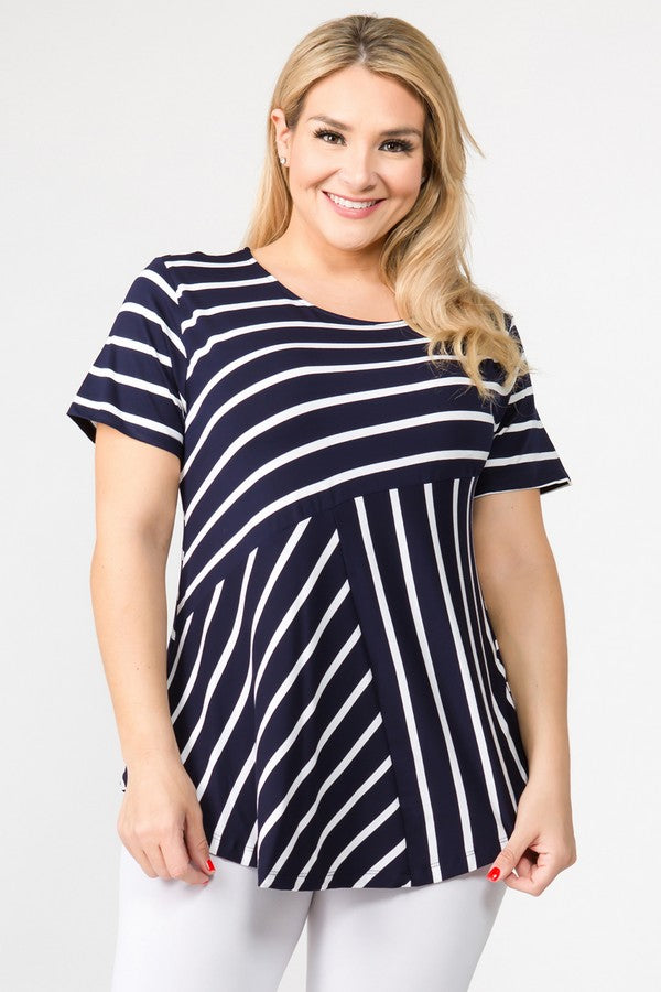 Women's Short Sleeve Striped Tunic Top Navy Blue